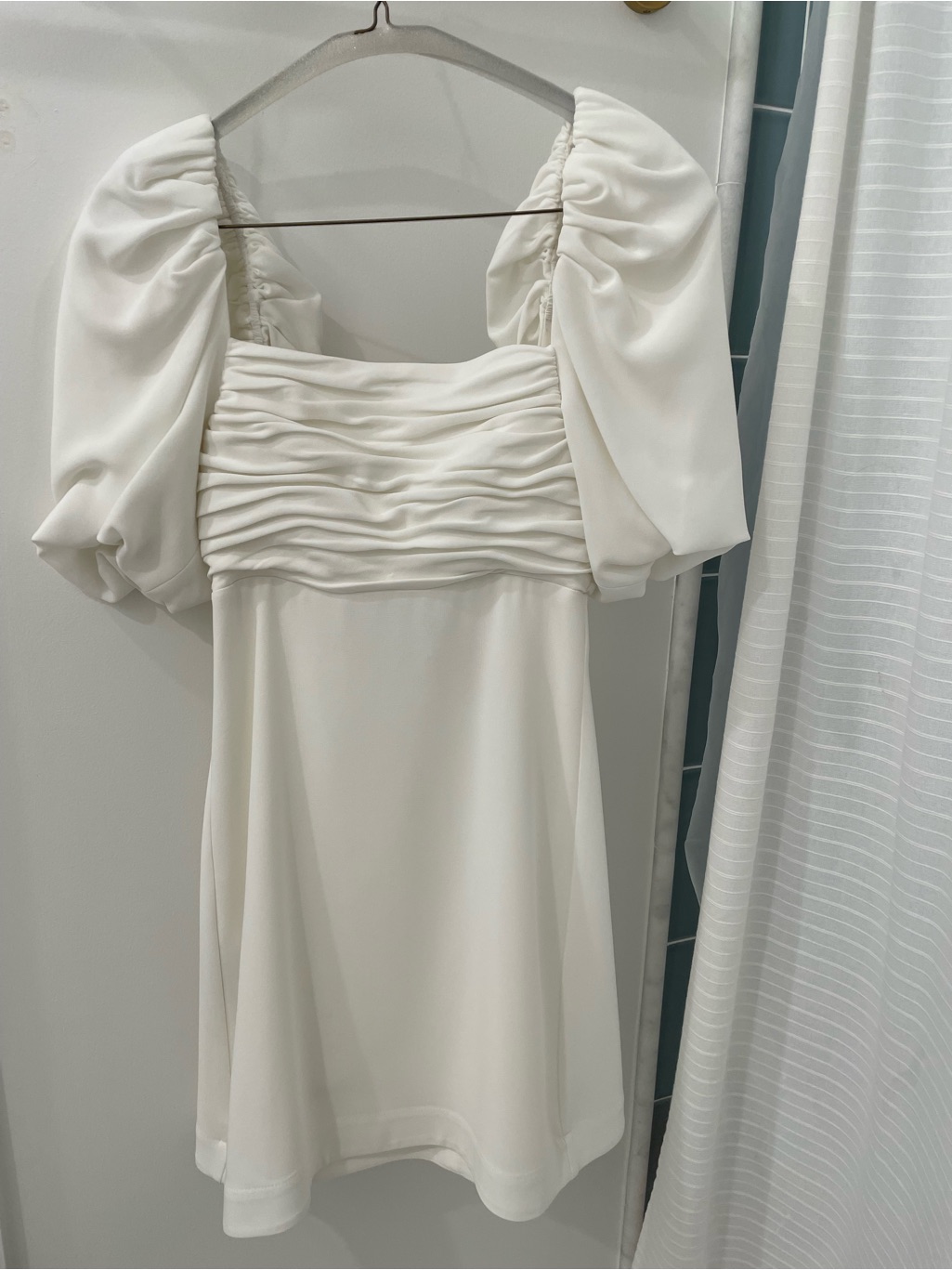 Cinq Sept White Ruched Bodice Puff Sleeve Dress